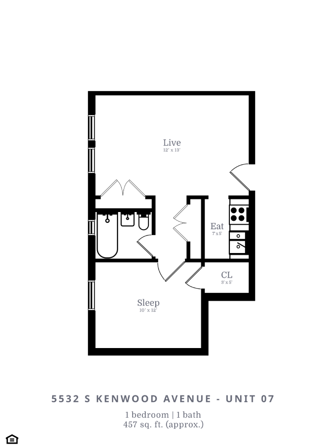 Floor plan for 1 bed, 1 bath, 457 sqft